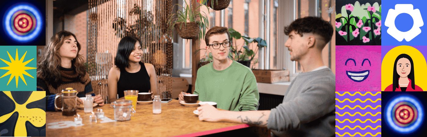 Four students chatting in a coffee shop